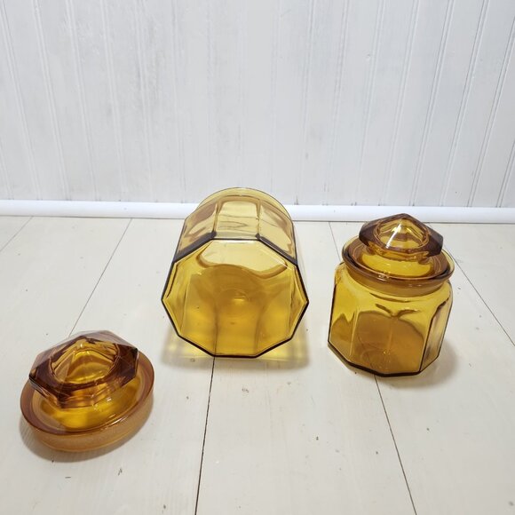 Vtg LE Smith 10 Panel Amber Glass Apothecary Lid Jar 5.25 & 7.25 Canister Set 2 - Picture 4 of 12